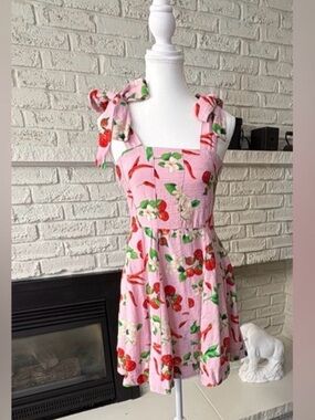 ZARA Pink Cherries & Chili Pepper Tie Strap Mini Dress Size Small S